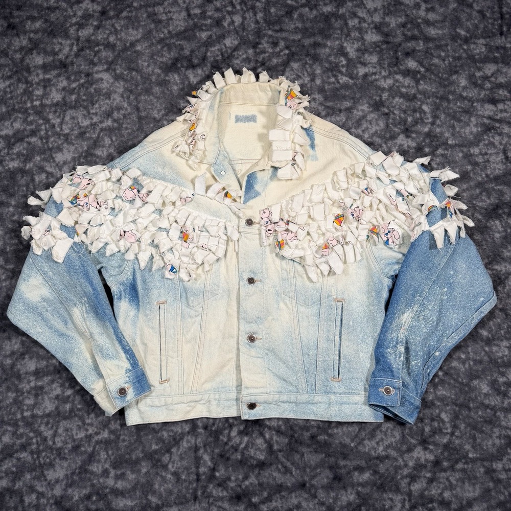 Vintage 80s Levis Denim Trucker Jacket Size M 70508 USA Acid Wash Fringe Custom